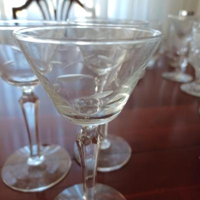 3 etched martini glasses
