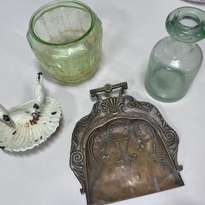 Vintage dustpan, glass, bird decor and uranium glass jar