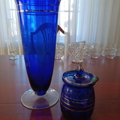 Cobalt vase and sugar dish