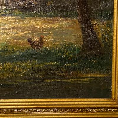 Framed Oil on Canvas Mountain Homestead Landscape, Signed H. Veneerand (?)