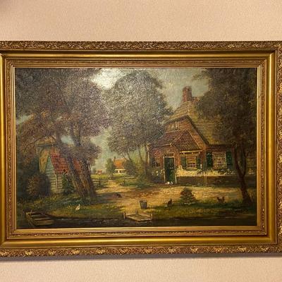 Framed Oil on Canvas Mountain Homestead Landscape, Signed H. Veneerand (?)