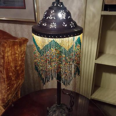 Metal Post Table Top Lamp with Beaded Shade