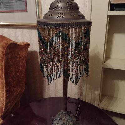 Metal Post Table Top Lamp with Beaded Shade