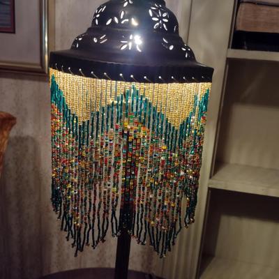 Metal Post Table Top Lamp with Beaded Shade