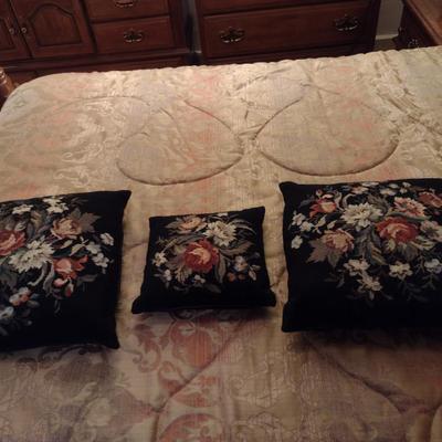 Three Matching Needlepoint Pillows with Floral Design