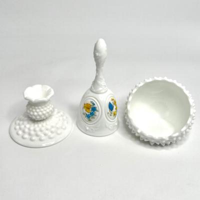 Fenton Hobnail and Milk Glass Set - Candlestick Holder, Bell, and Ashtray
