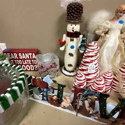 Christmas items with shelving unit
