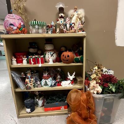 Christmas items with shelving unit