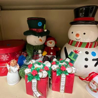 Christmas items with shelving unit