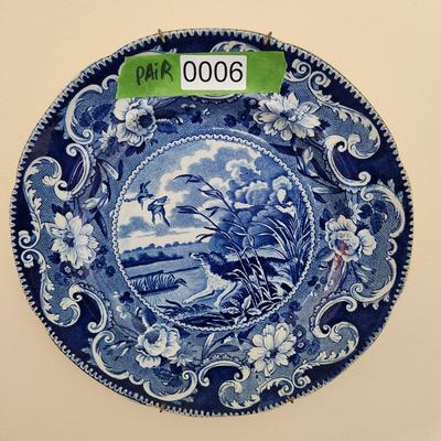 Pair Enoch Woods & sons Semi China Blue White Plates Duck Hunting Scene Dog & Fowl