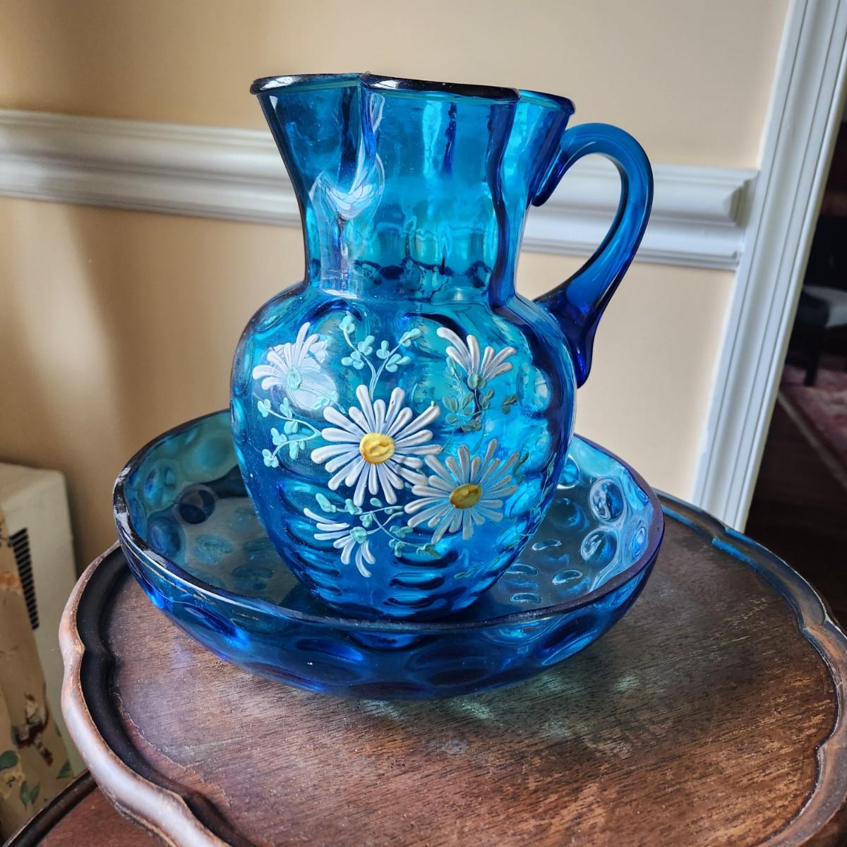 Blue Glass Hand painted Pitcher w bowl | EstateSales.org