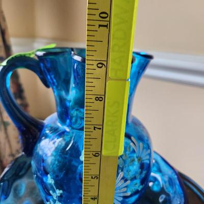 Blue Glass Hand painted Pitcher w bowl