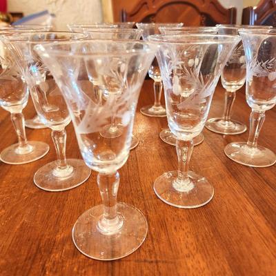 Lot #113 Lot of 11 Vintage Crystal Etched Cordial Glasses