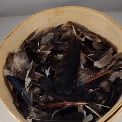 Marshall Fields Wooden Cheese Box Filled with Bird's Feathers
