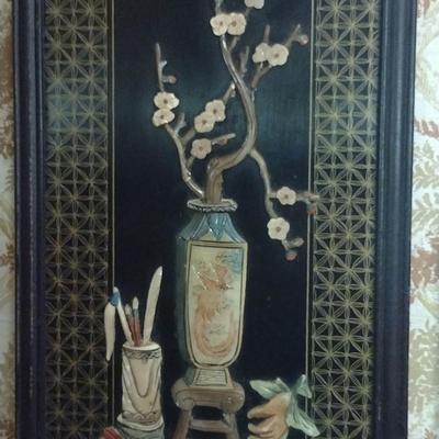 Pair of Black Lacquer Finish Asian Design Panels with Mother of Pearl Inlay