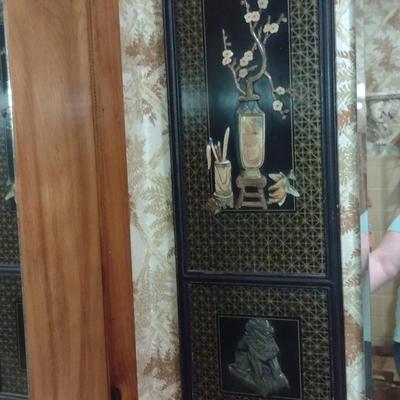 Pair of Black Lacquer Finish Asian Design Panels with Mother of Pearl Inlay