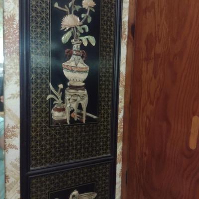 Pair of Black Lacquer Finish Asian Design Panels with Mother of Pearl Inlay