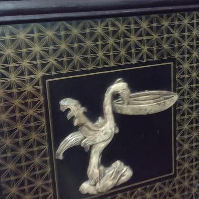 Pair of Black Lacquer Finish Asian Design Panels with Mother of Pearl Inlay