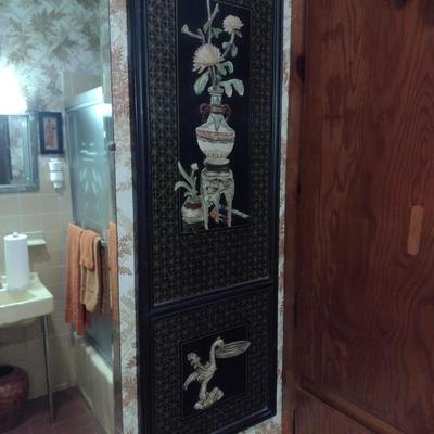 Pair of Black Lacquer Finish Asian Design Panels with Mother of Pearl Inlay