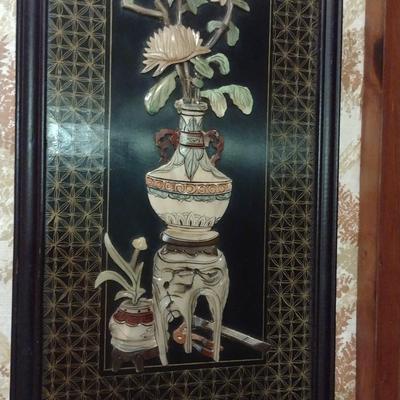 Pair of Black Lacquer Finish Asian Design Panels with Mother of Pearl Inlay