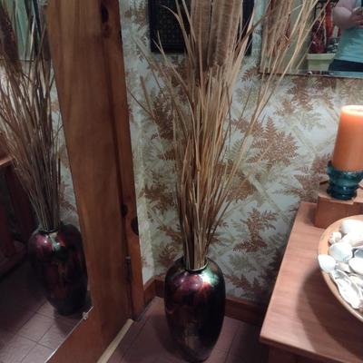 Glass Floor Vase with Natural Cattail Arrangement
