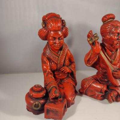 Pair of Vintage Universal Statuary Cinnabar Style Asian Design Statues