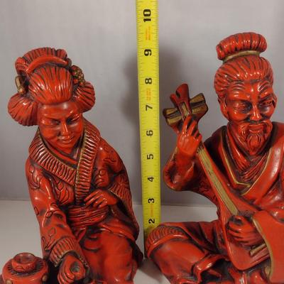 Pair of Vintage Universal Statuary Cinnabar Style Asian Design Statues