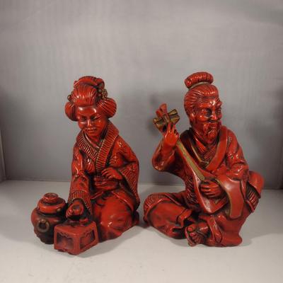 Pair of Vintage Universal Statuary Cinnabar Style Asian Design Statues
