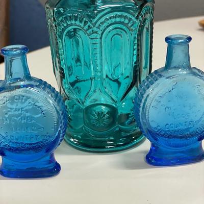Shot glasses & blue bottles