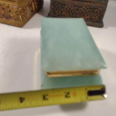 Green Stone (Possibly Alabaster) Decorative Box with Metal Accents