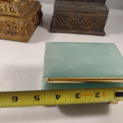 Green Stone (Possibly Alabaster) Decorative Box with Metal Accents