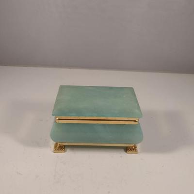 Green Stone (Possibly Alabaster) Decorative Box with Metal Accents