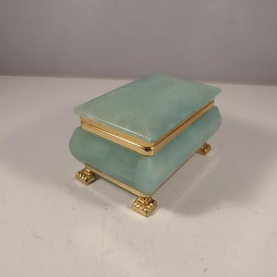 Green Stone (Possibly Alabaster) Decorative Box with Metal Accents