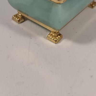 Green Stone (Possibly Alabaster) Decorative Box with Metal Accents