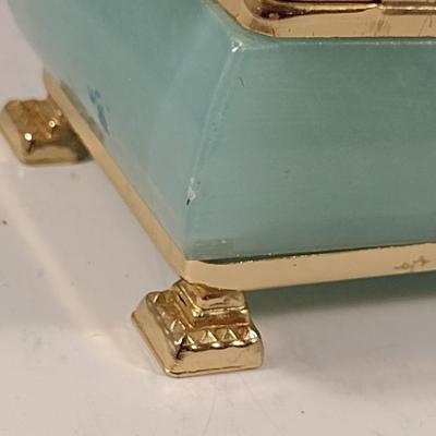 Green Stone (Possibly Alabaster) Decorative Box with Metal Accents
