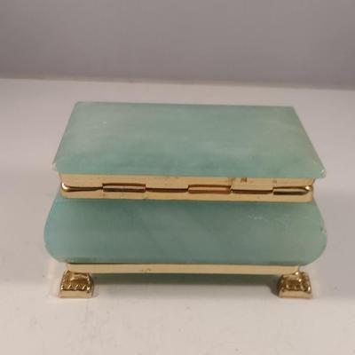 Green Stone (Possibly Alabaster) Decorative Box with Metal Accents