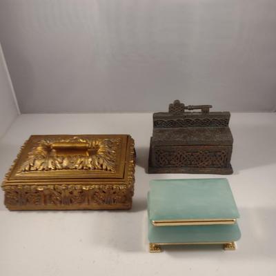 Green Stone (Possibly Alabaster) Decorative Box with Metal Accents