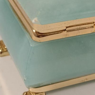 Green Stone (Possibly Alabaster) Decorative Box with Metal Accents