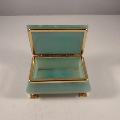 Green Stone (Possibly Alabaster) Decorative Box with Metal Accents