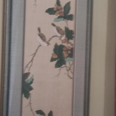 Pair of Asian Bird on Branch Framed Prints with Chop Mark