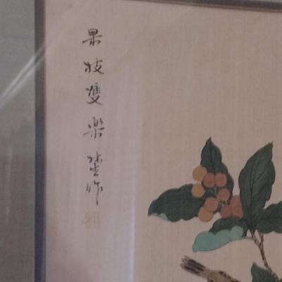 Pair of Asian Bird on Branch Framed Prints with Chop Mark