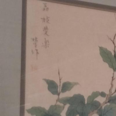 Pair of Asian Bird on Branch Framed Prints with Chop Mark