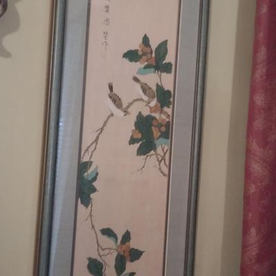 Pair of Asian Bird on Branch Framed Prints with Chop Mark