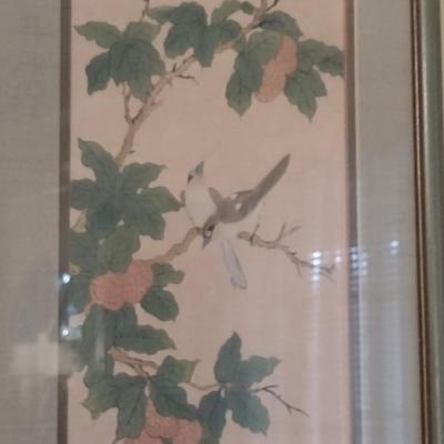 Pair of Asian Bird on Branch Framed Prints with Chop Mark