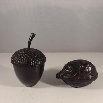Pair of Cast Metal Nut Design Trinket Boxes with Lids- Acorn and Walnut