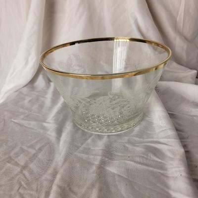 Gold rimmed etched glass bowl.