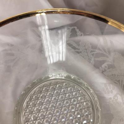 Gold rimmed etched glass bowl.