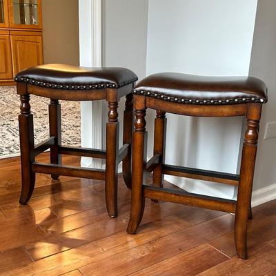LOT 25: Two Leather Top Stools and Floor Lamp