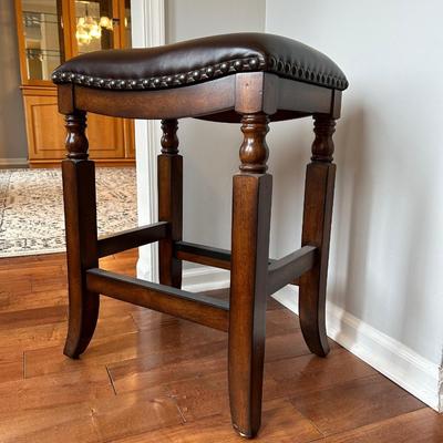 LOT 25: Two Leather Top Stools and Floor Lamp