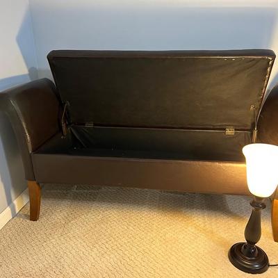 LOT 32: Bench with Storage, Pottery Barn Blanket and Lamp